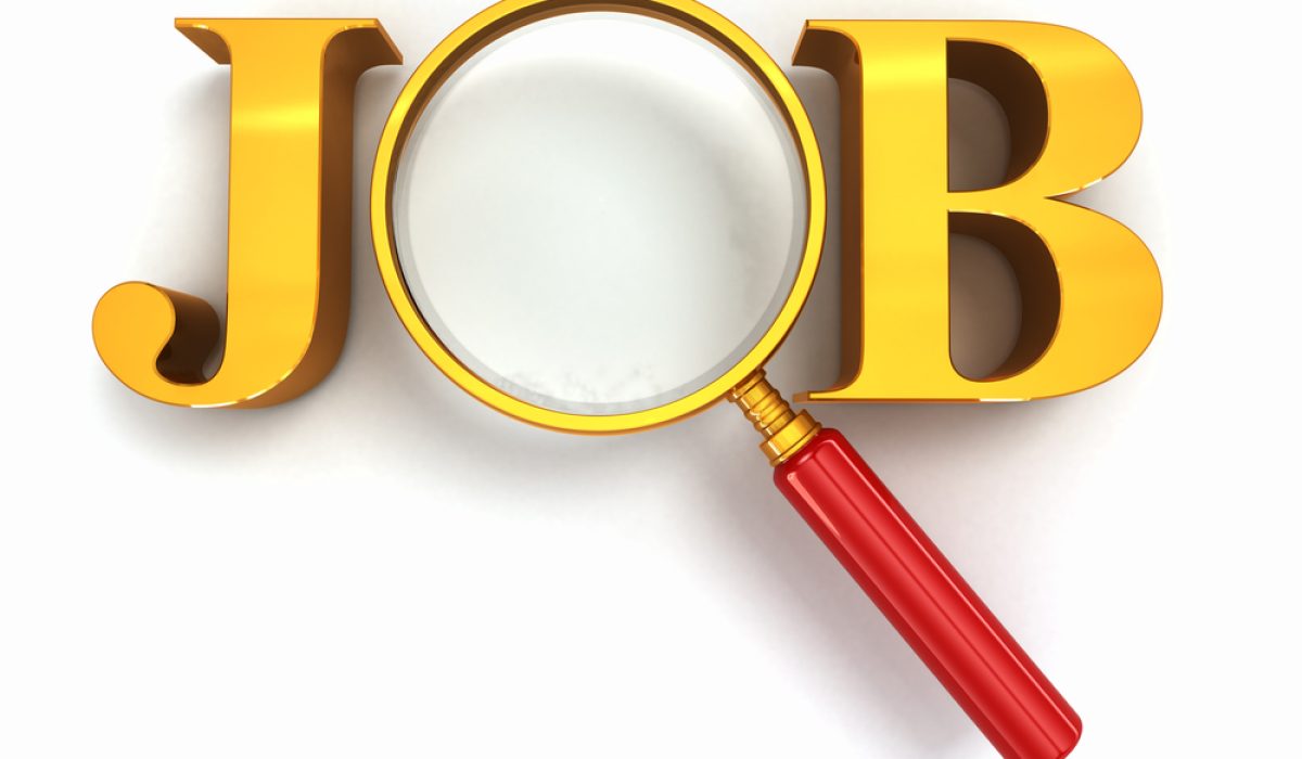 Job search. Text with loupe on white background. 3d