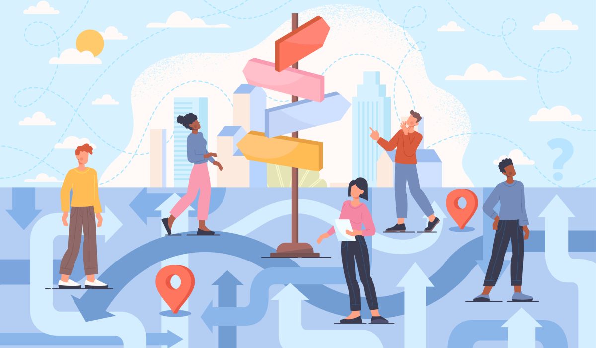 Young male and female characters are trying to find the right path direction and guide to destination. Different strategies for life choices and hardship solutions. Flat cartoon vector illustration